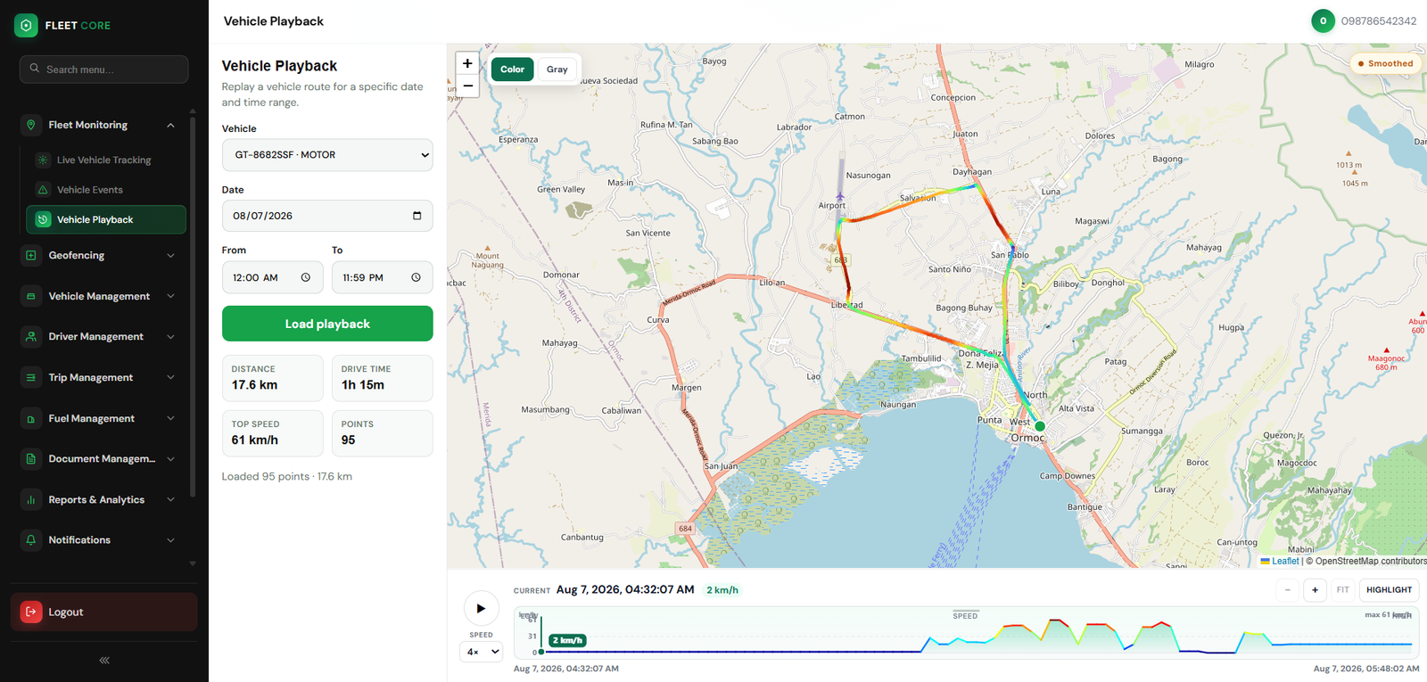 Vehicle playback — route history timeline and speed graph